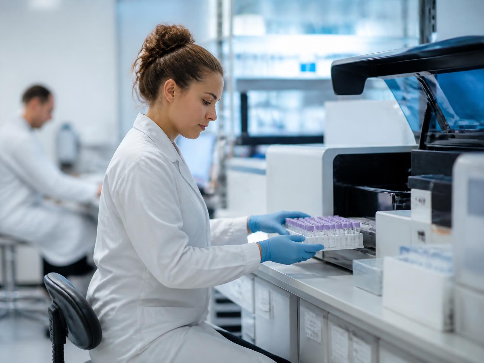Laboratory technician loading sample racks into a diagnostic analyser