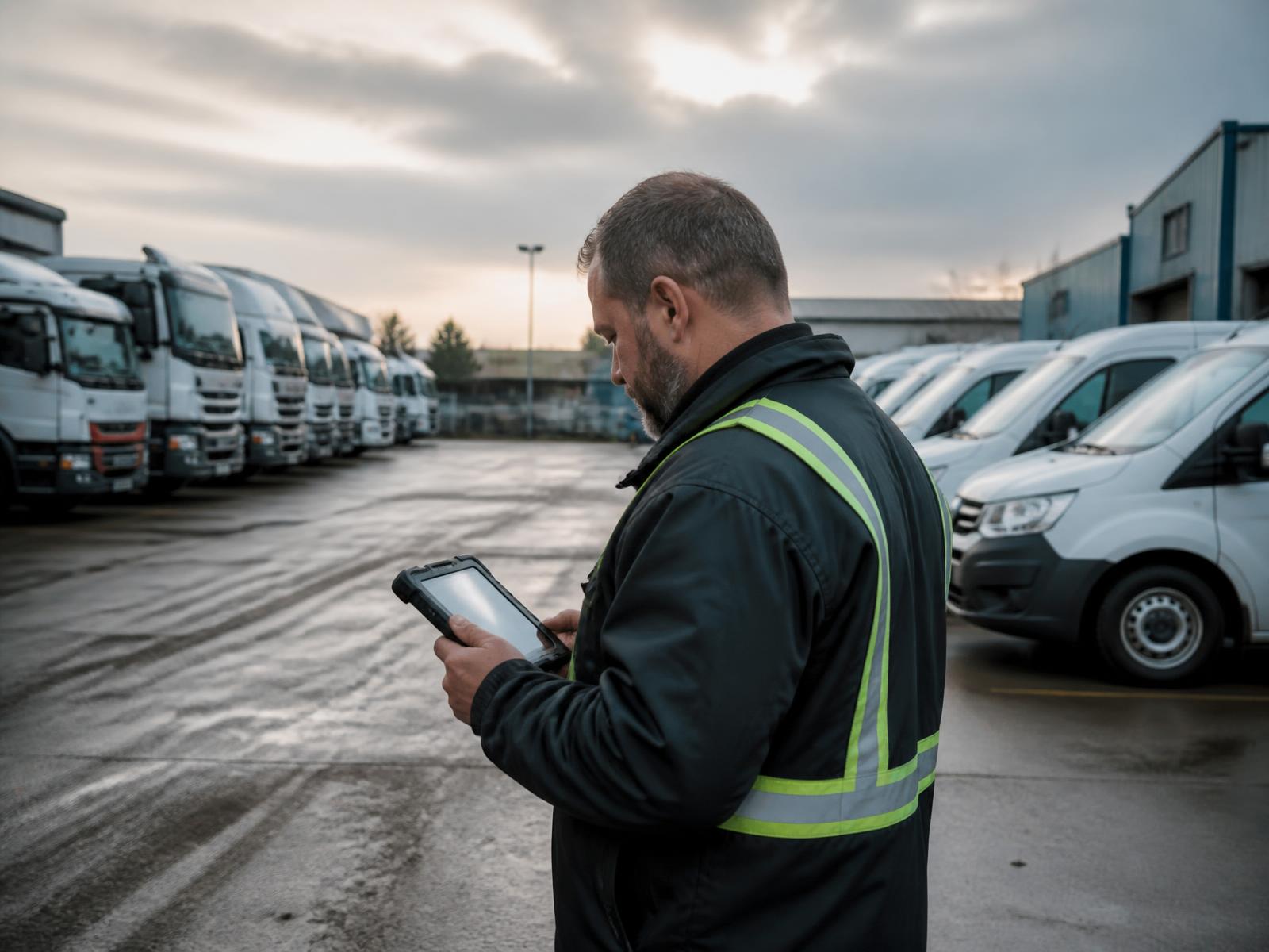 Fleet supervisor reviewing a handheld device in a vehicle yard at dawn